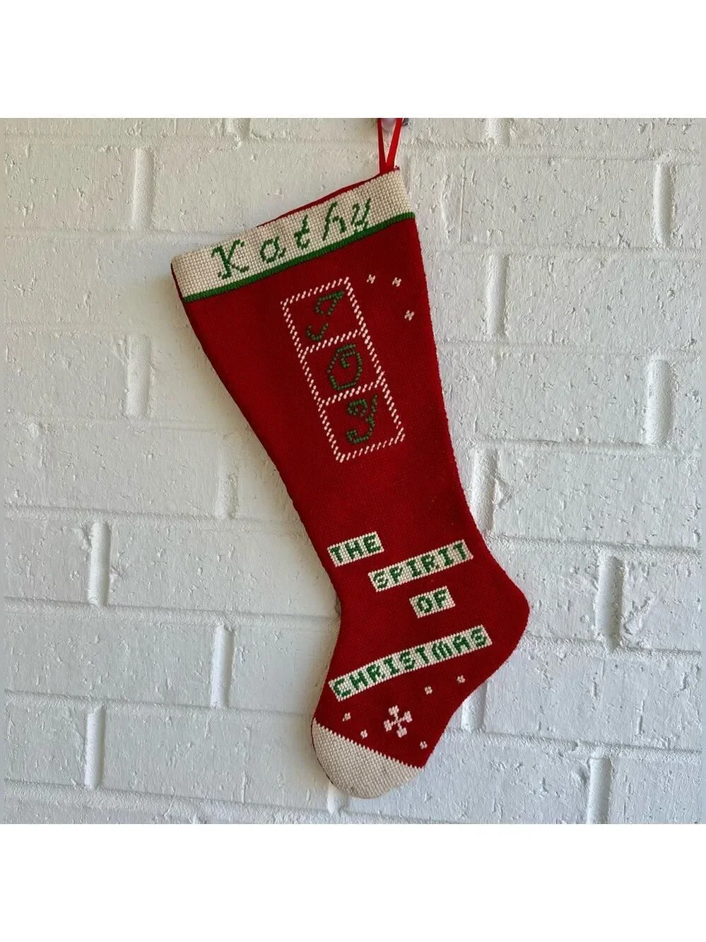 The Spirit of Christmas Red Joy Stocking for Kathy.  Cross Stitched Design Vtg
